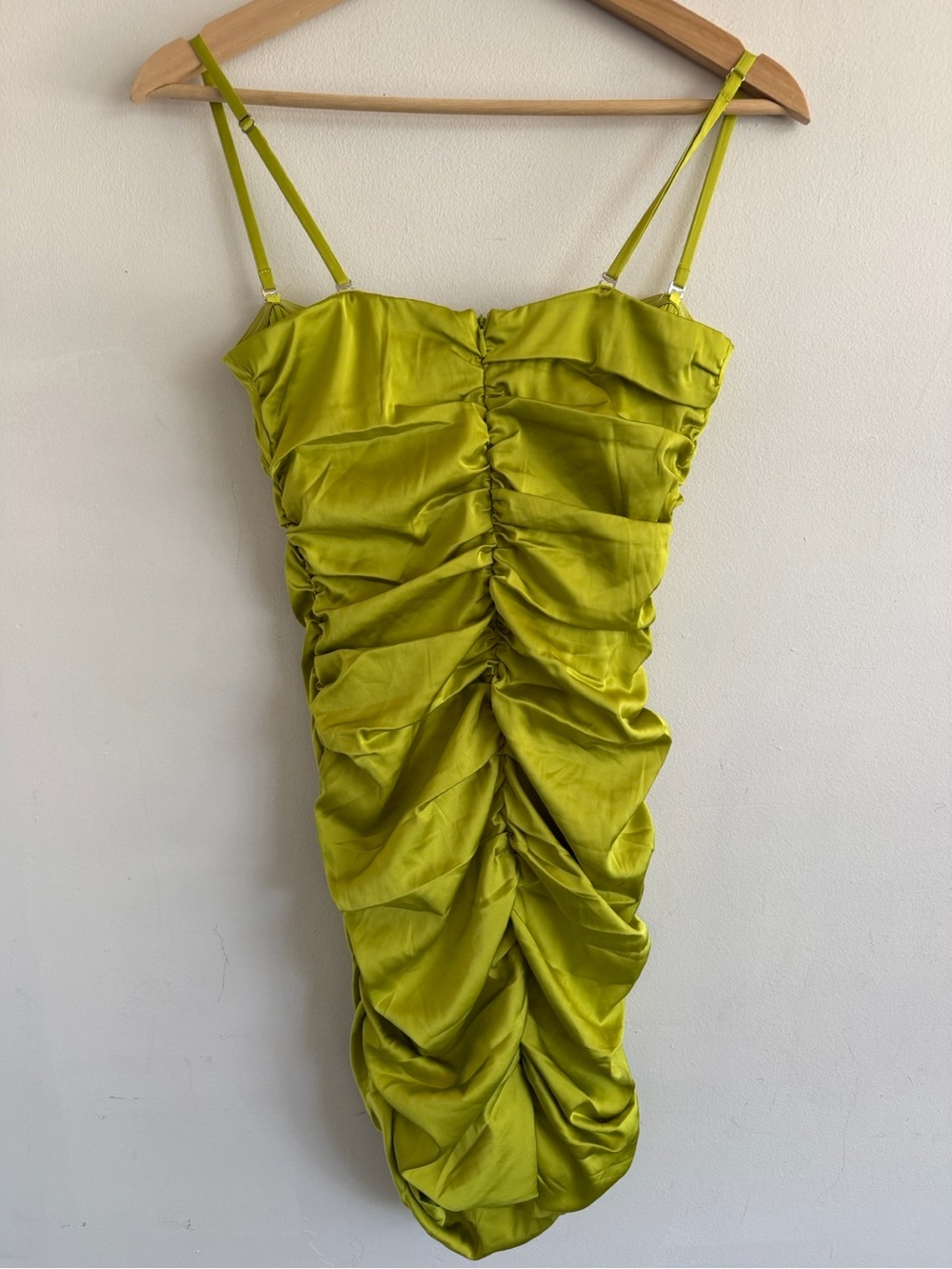 Lime Green Ruched Satin Mini Dress with Adjustable Straps